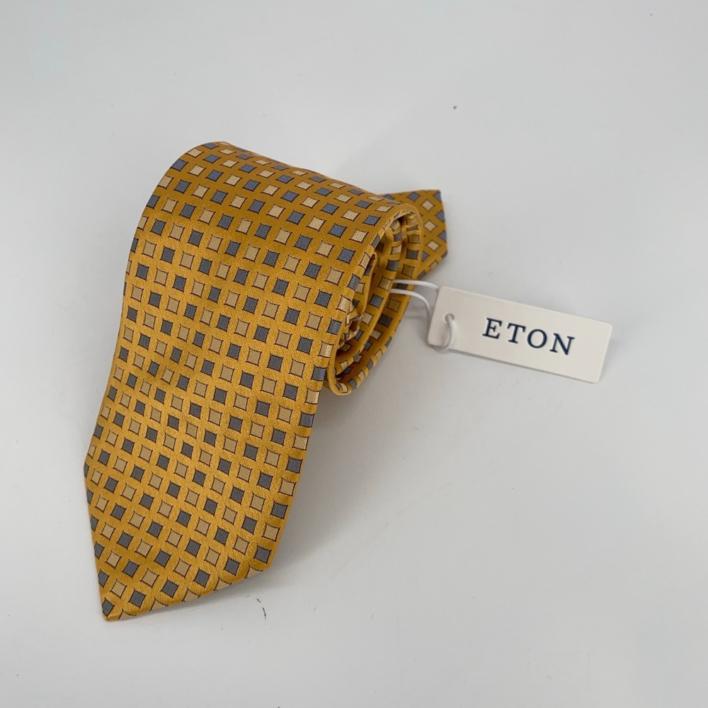 Eton Tie Mens One Size Yellow Gray Patterned Silk Necktie England Made NWT